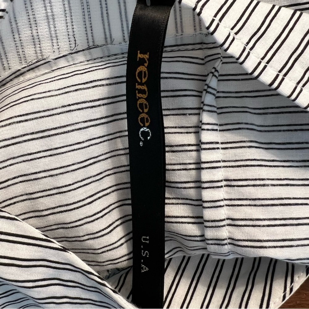 Renee C. Top Tiered Ruched Sleeves White Black Striped Belted V-Neck Cotton M - Picture 14 of 15